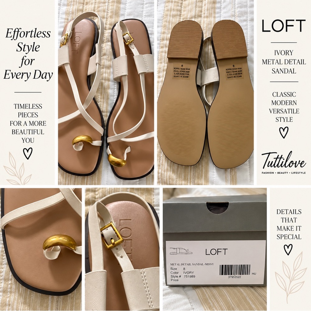 LOFT Ivory Thong Slingback Sandal with Gold Accent Hardware